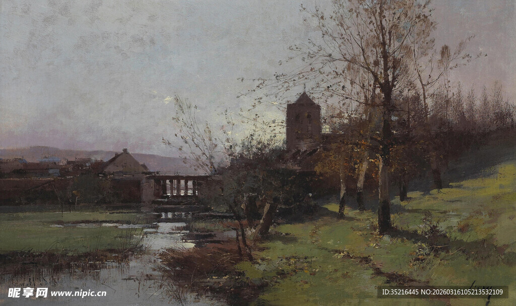 乡村河畔风光油画场景