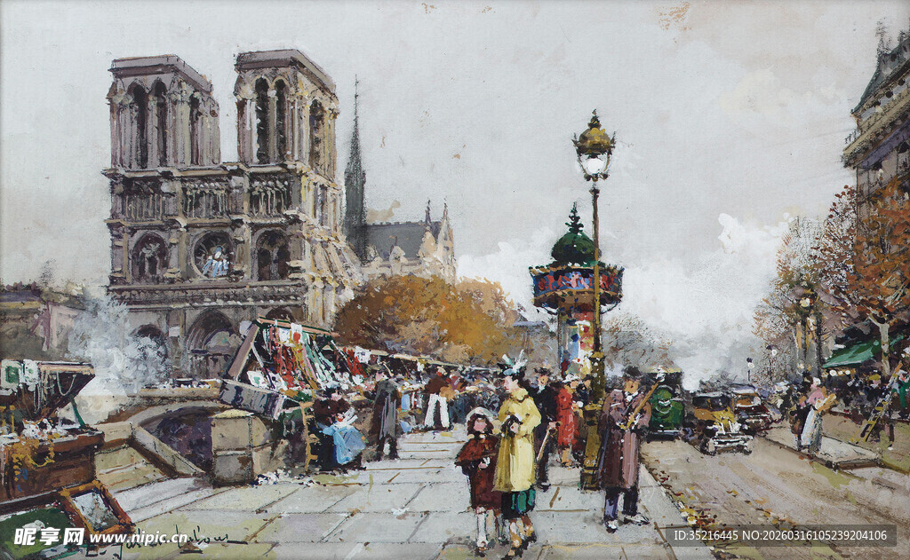 巴黎圣母院前的街景画面