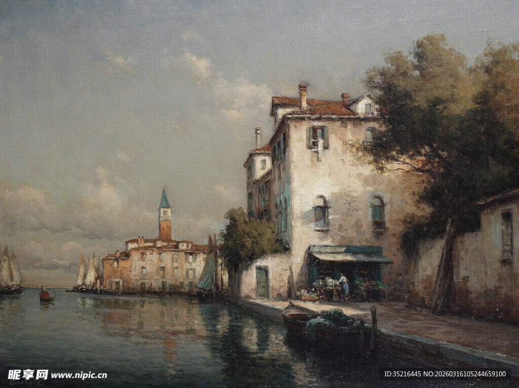 河畔欧式建筑风景图