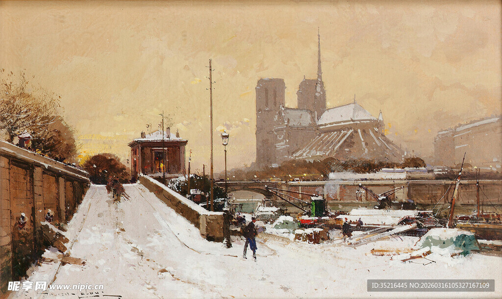 冬日雪景中的城市港口景象