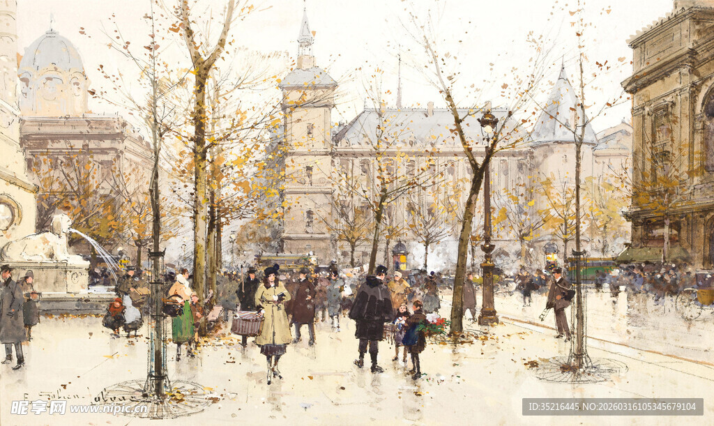 冬日城市广场行人景象