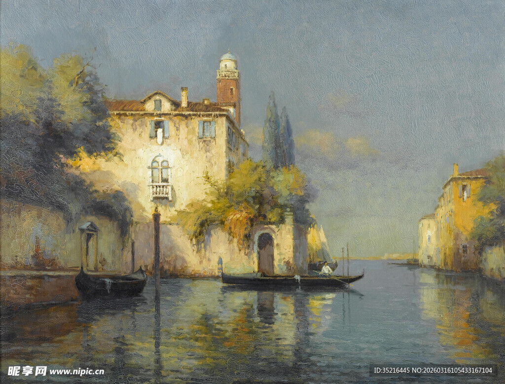 河畔小镇风景油画