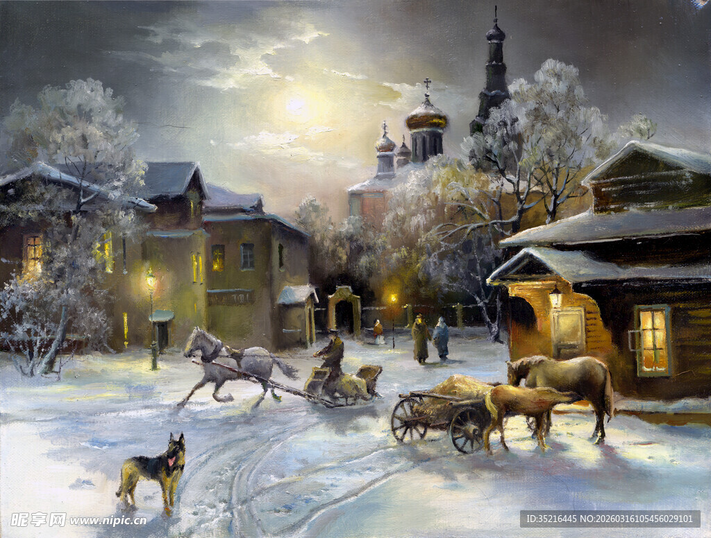 雪夜村庄的温馨动物景象