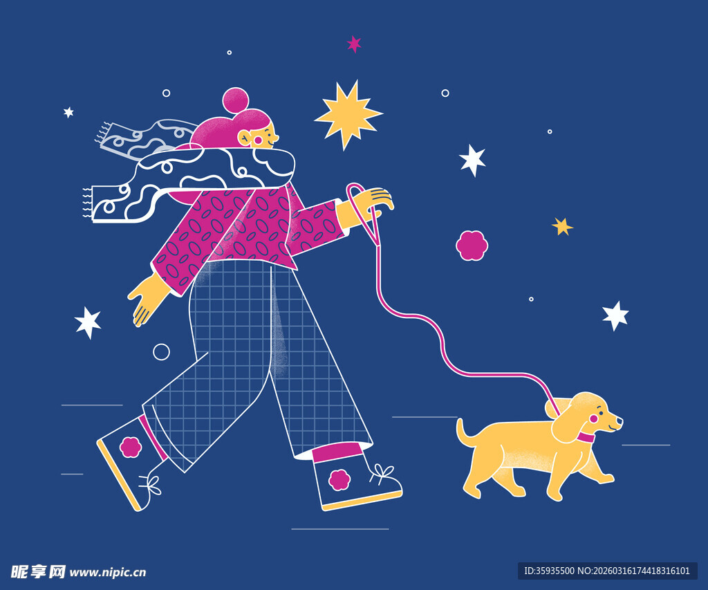 夜晚遛狗的时尚卡通人物