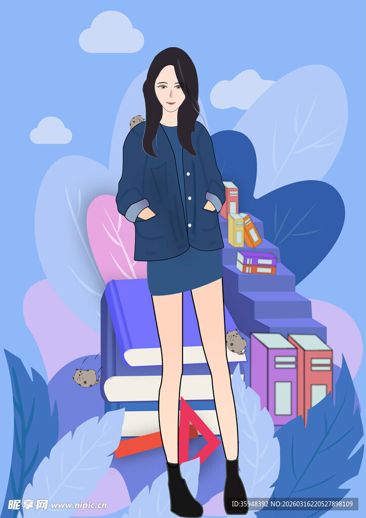 时尚女孩置身梦幻书籍场景