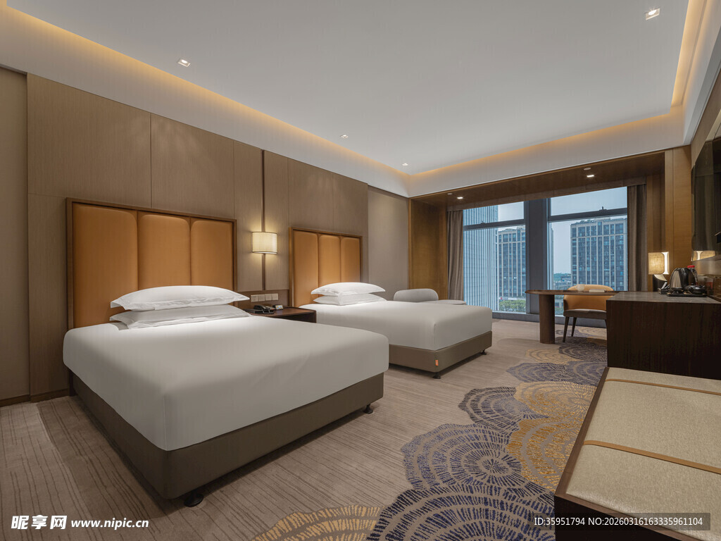 豪华双床酒店客房展示