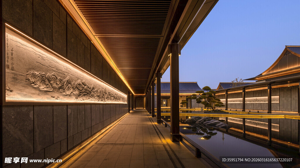 中式庭院夜景步道