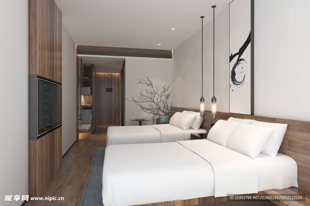 现代简约风双床卧室空间