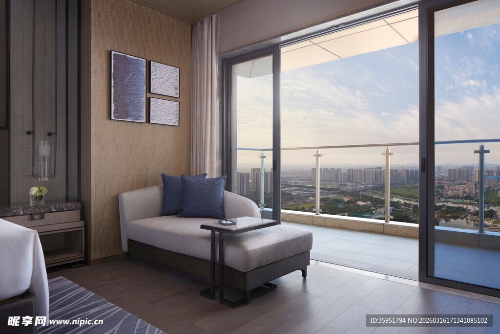 现代卧室带景观大阳台