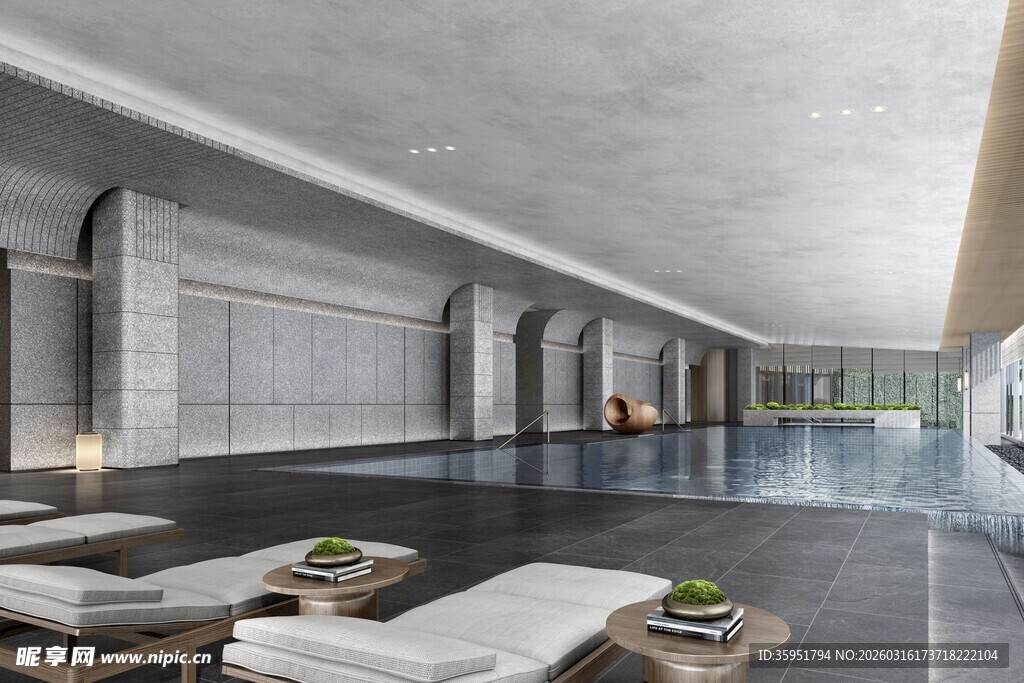 现代奢华室内泳池休息区