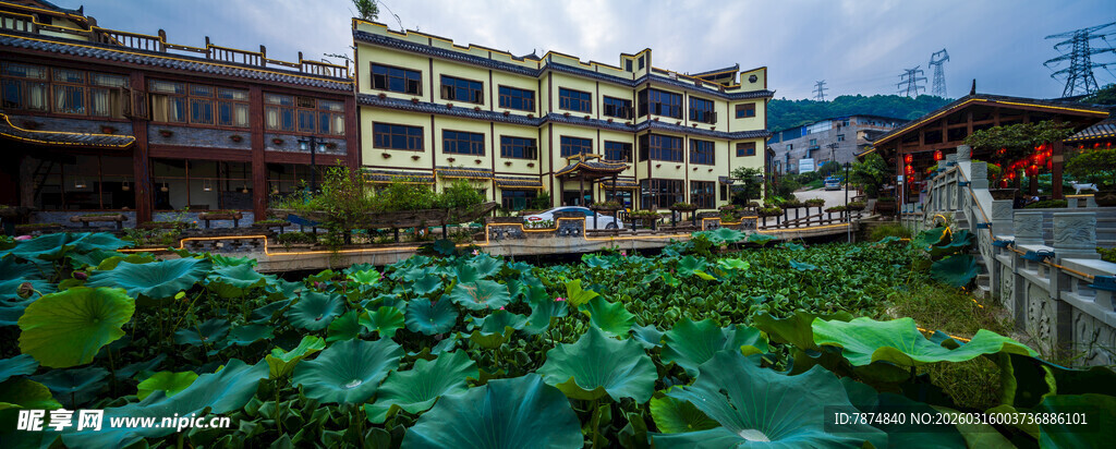 荷塘边的古朴建筑景观