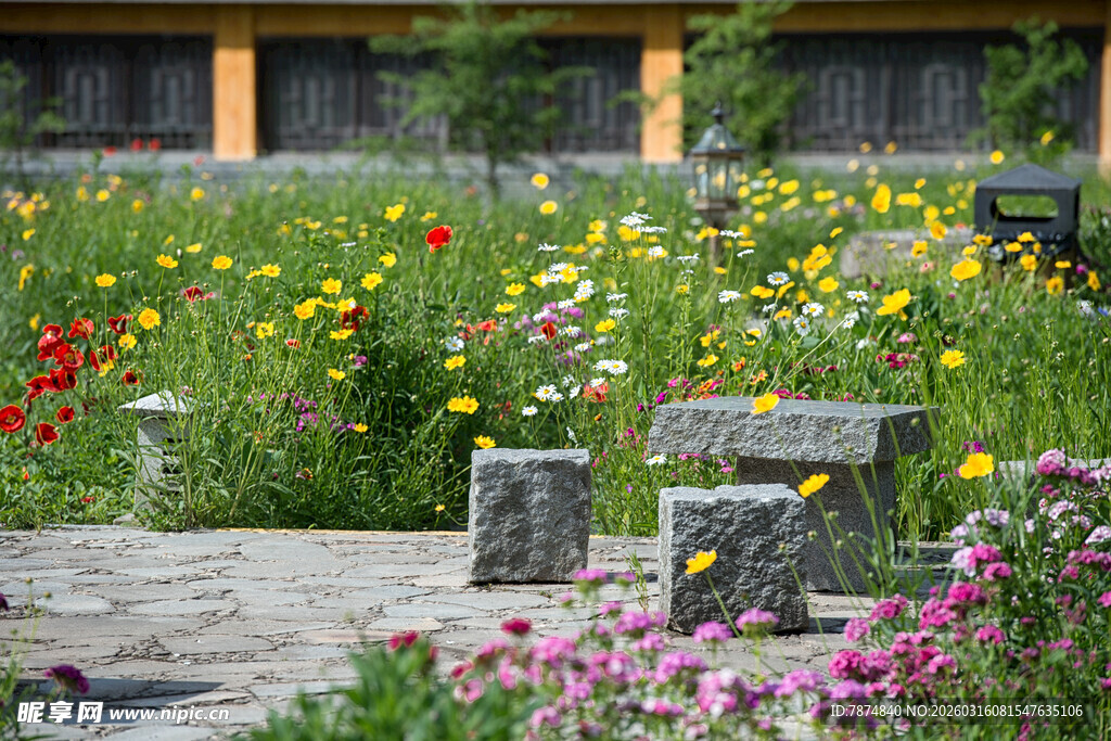 花园中的多彩花卉与石景