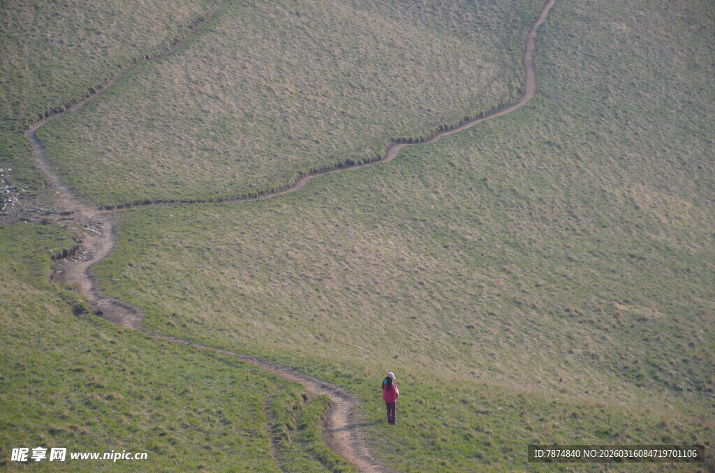 草原小径上的孤独身影