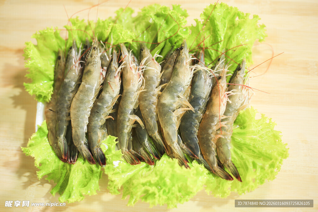 新鲜生菜上摆放的基围虾
