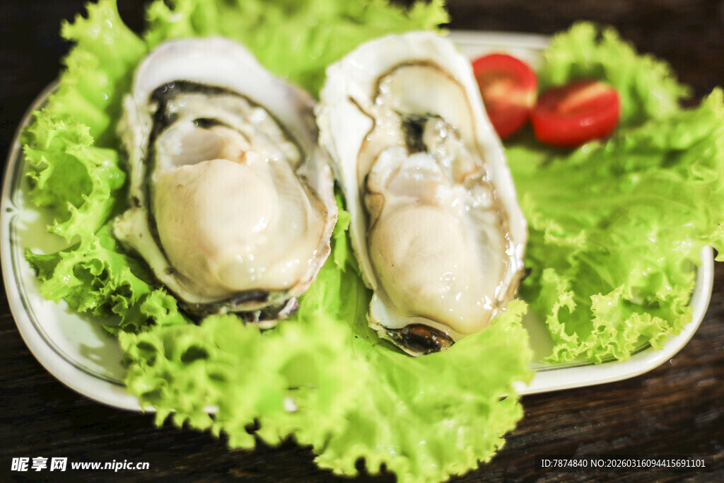新鲜生蚝配生菜与番茄