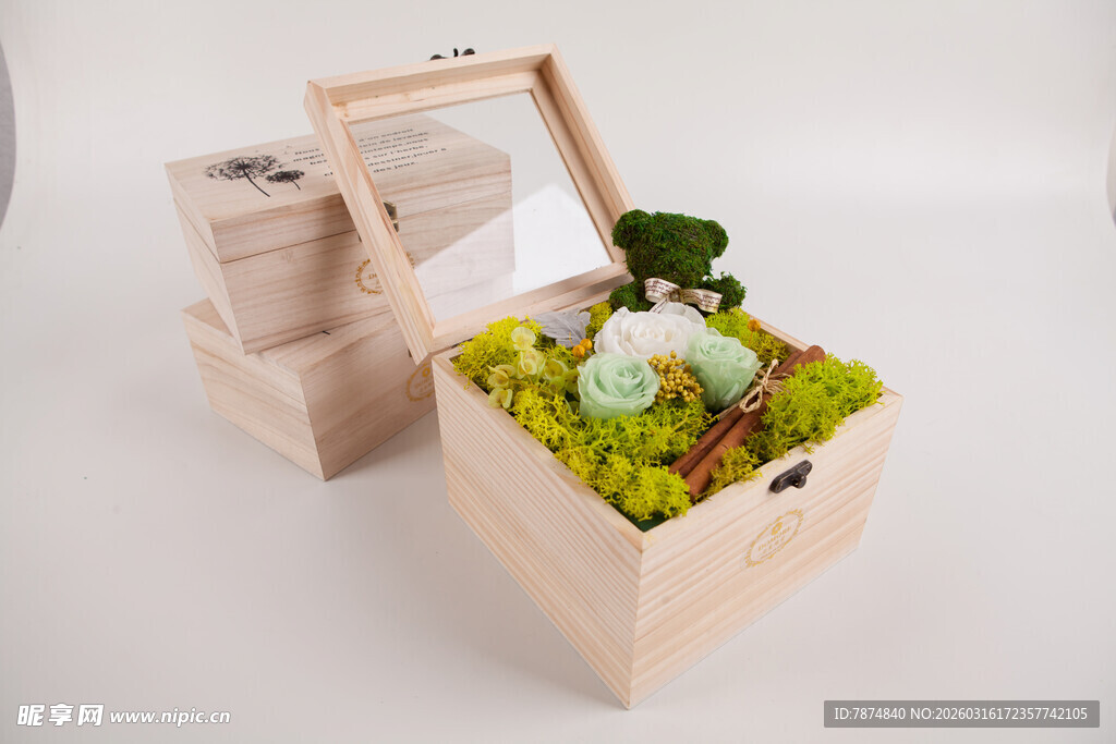 工艺品木质花盒中的清新绿植