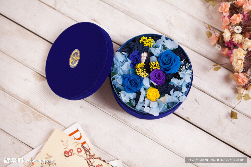 工艺品蓝底花卉图案精致圆盒