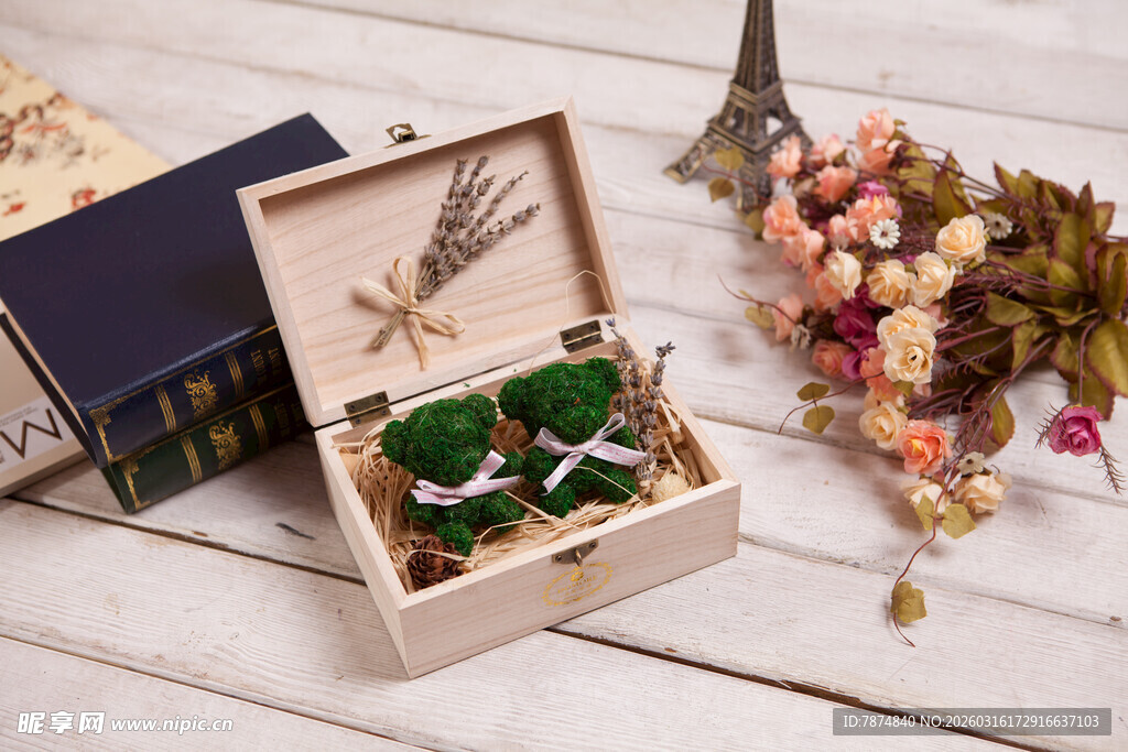 木质礼盒中的绿植装饰