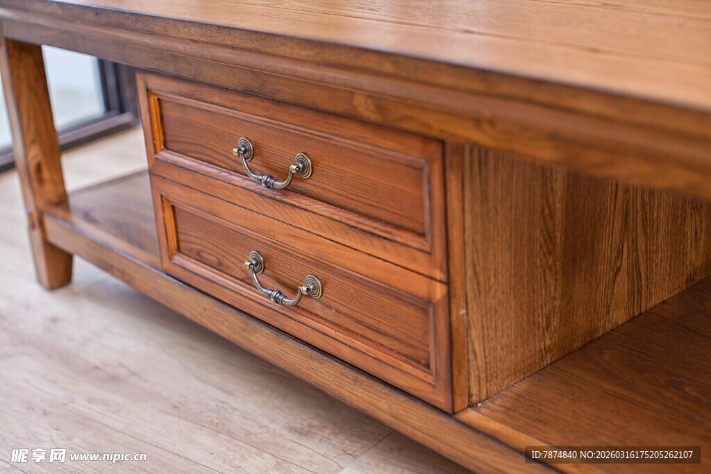 复古木质双抽屉茶几