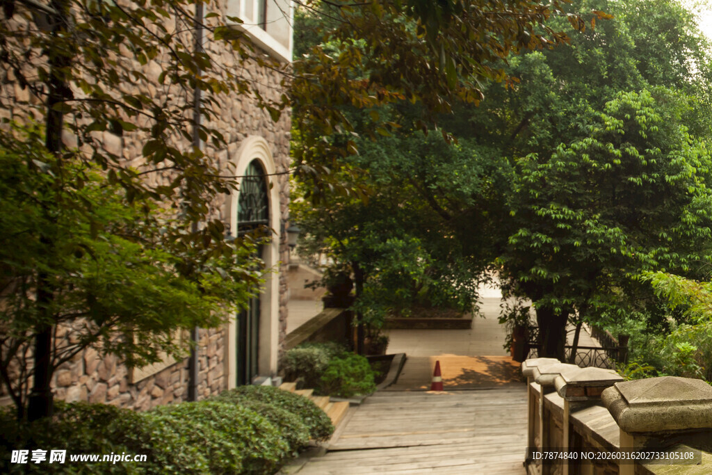 庭院小径旁的绿植与建筑