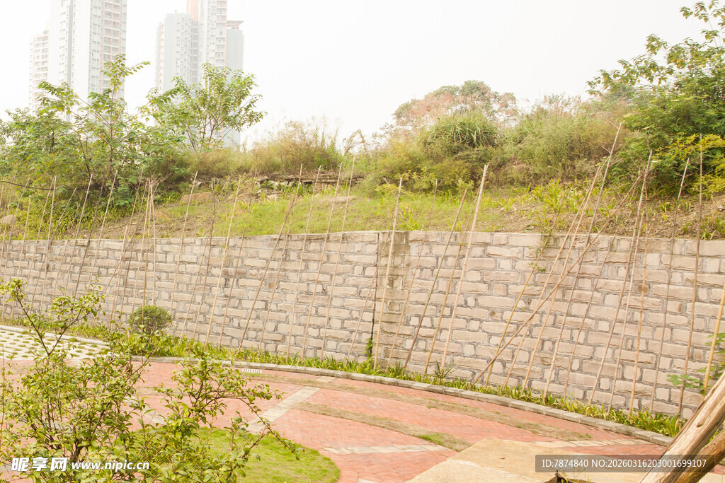 户外砖砌围墙与绿植景观