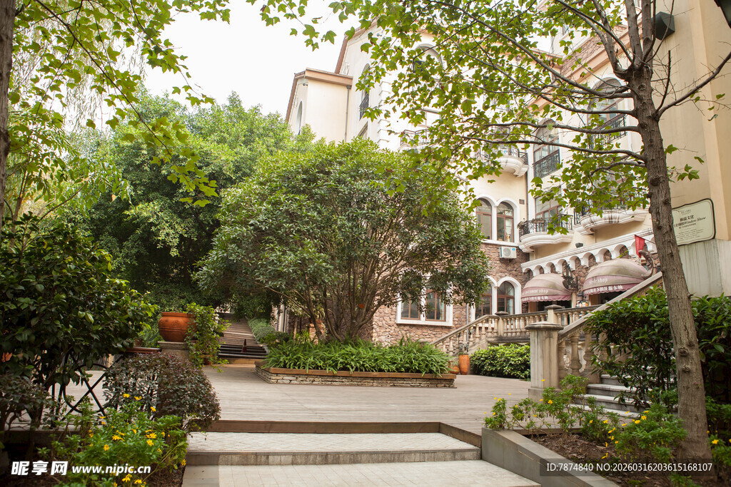 小区内的静谧林荫步道