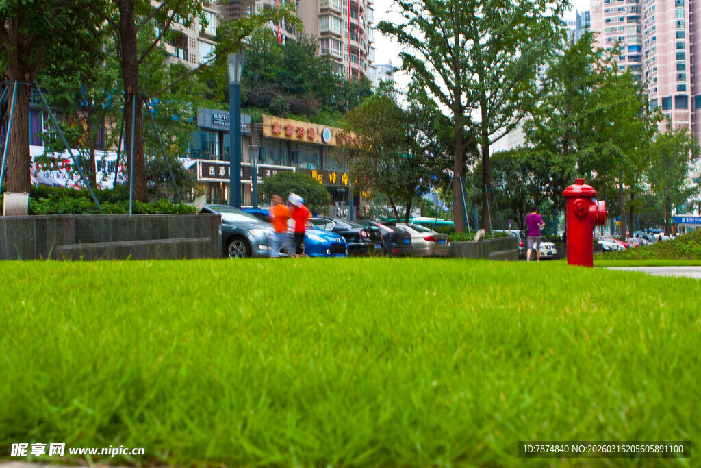 城市绿地旁的休闲场景