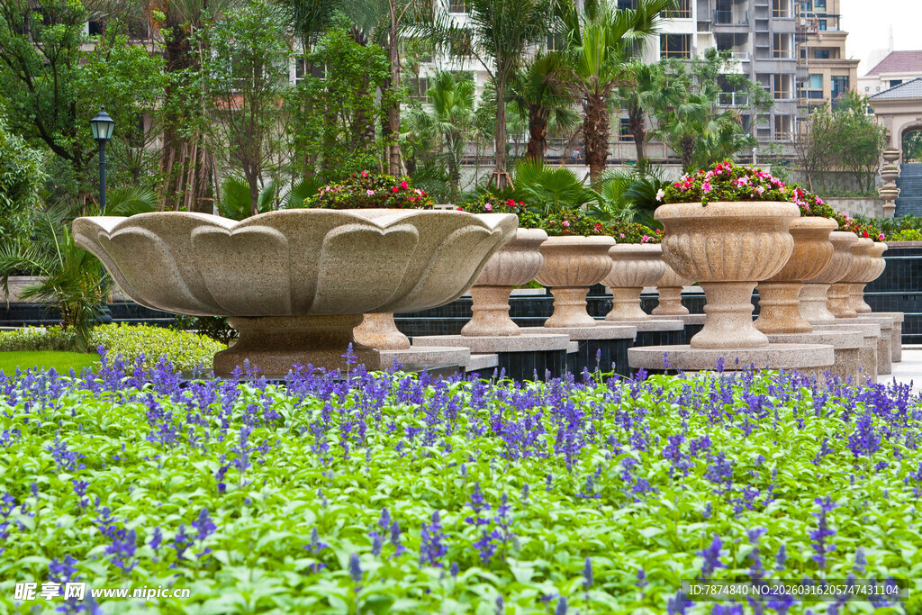 花园景观中的精美花盆与花卉