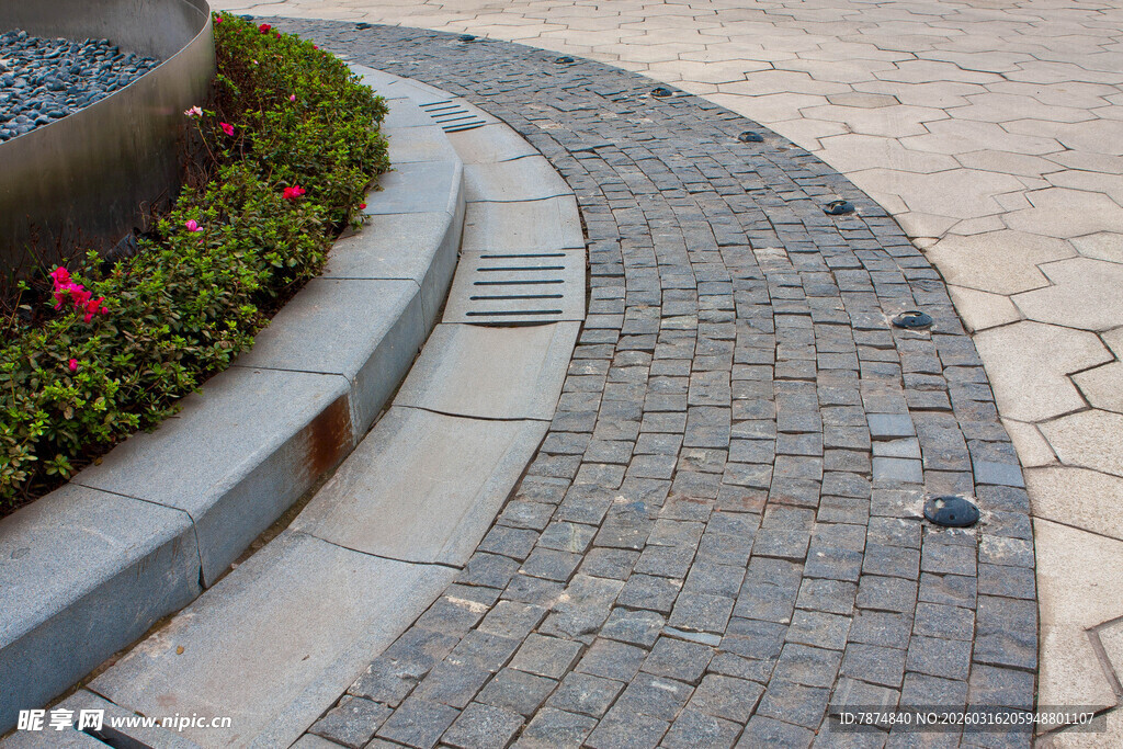 石板小径旁的多彩花坛