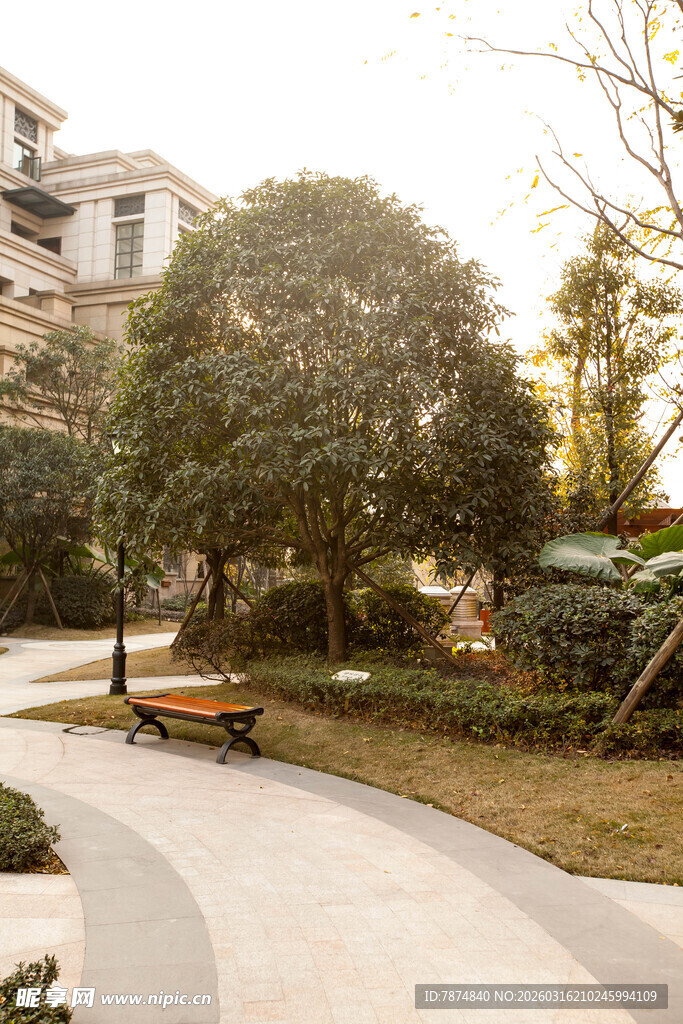 小区内静谧的林荫休憩小径