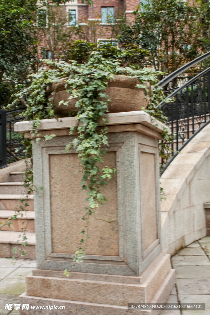 石制花器上的繁茂绿植