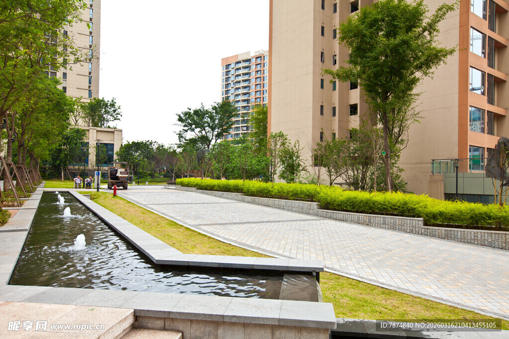 城市中的静谧水景绿化带