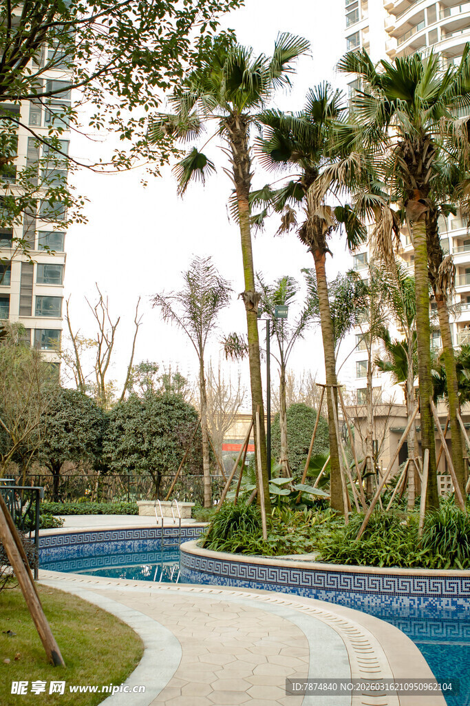 小区内的泳池与绿植景观