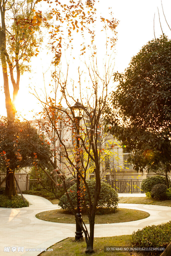 夕阳下的静谧园林小道