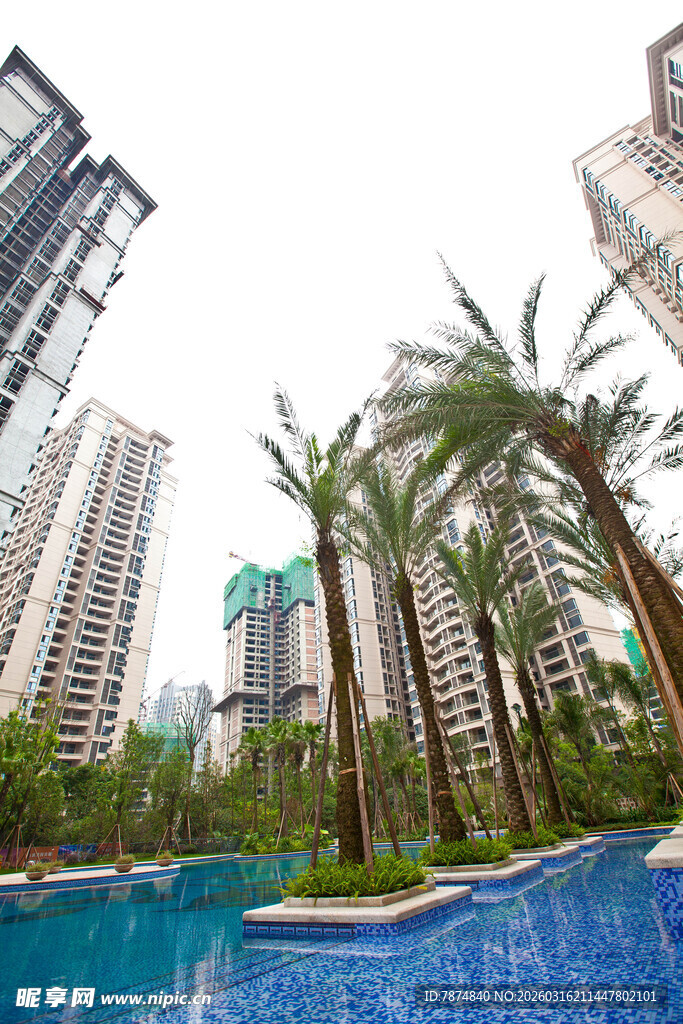 现代小区泳池旁的高楼景观