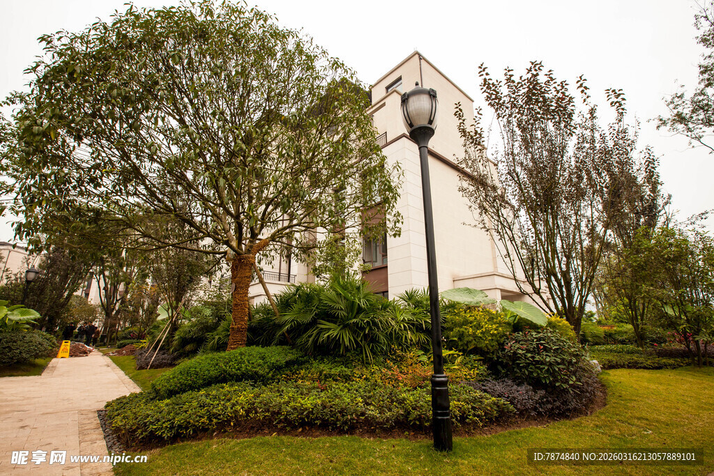 花园中的白色建筑与绿植