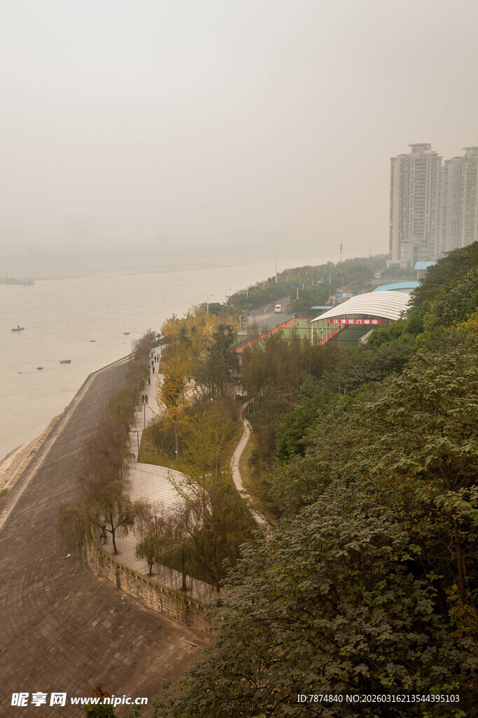 江边绿植与城市建筑景观