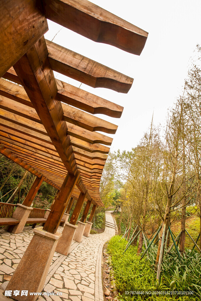 木质廊架下的自然小径
