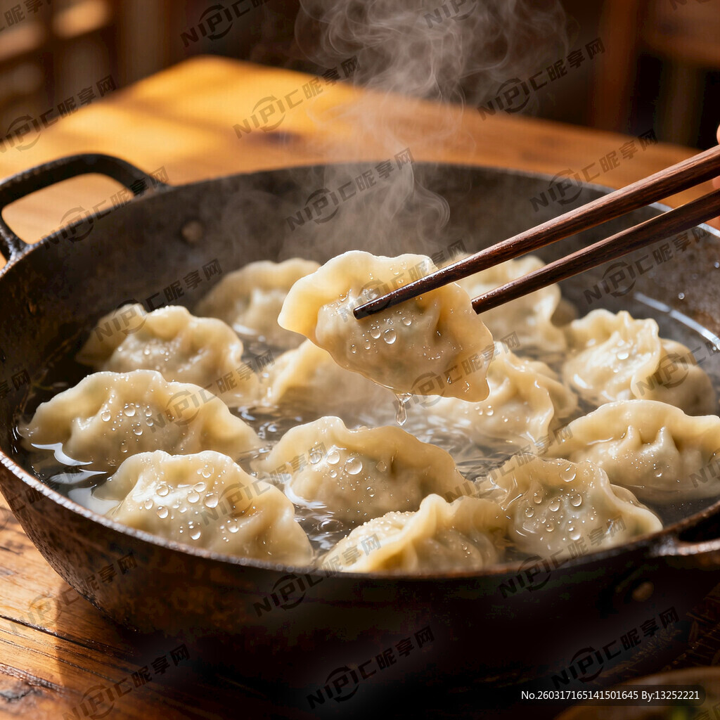 热气腾腾的锅里煮着水饺