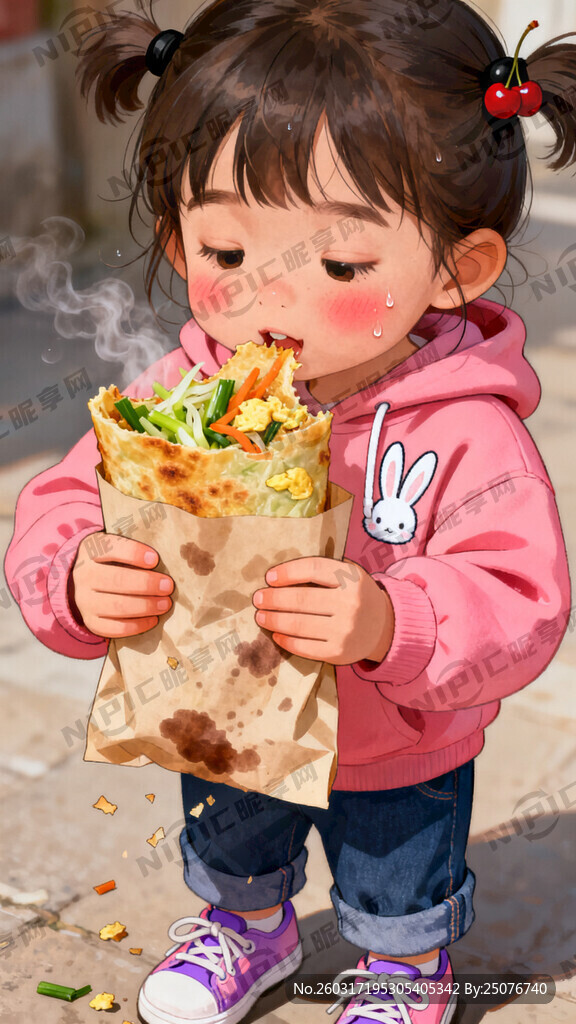 一个五岁小女孩双手捧着油纸包的