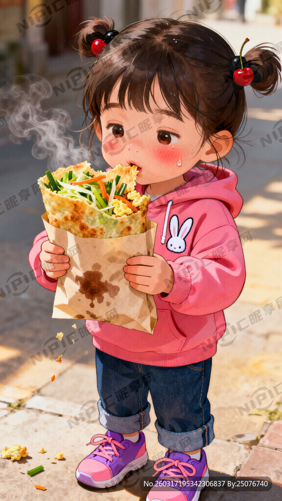 一个五岁小女孩双手捧着油纸包的