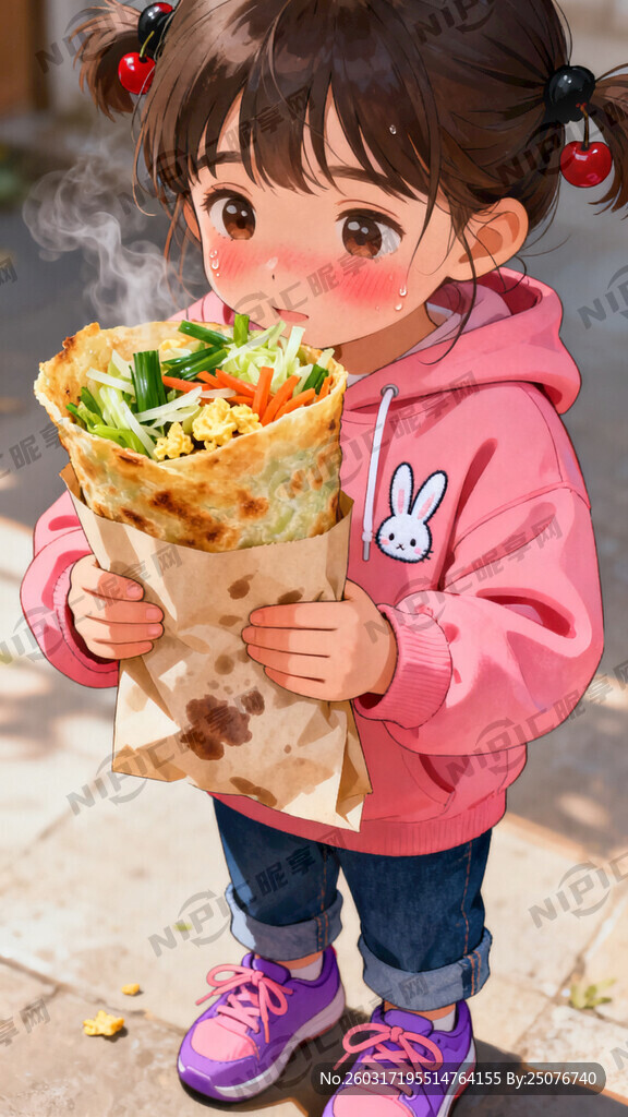 一个小女孩双手捧着油纸包的滕州