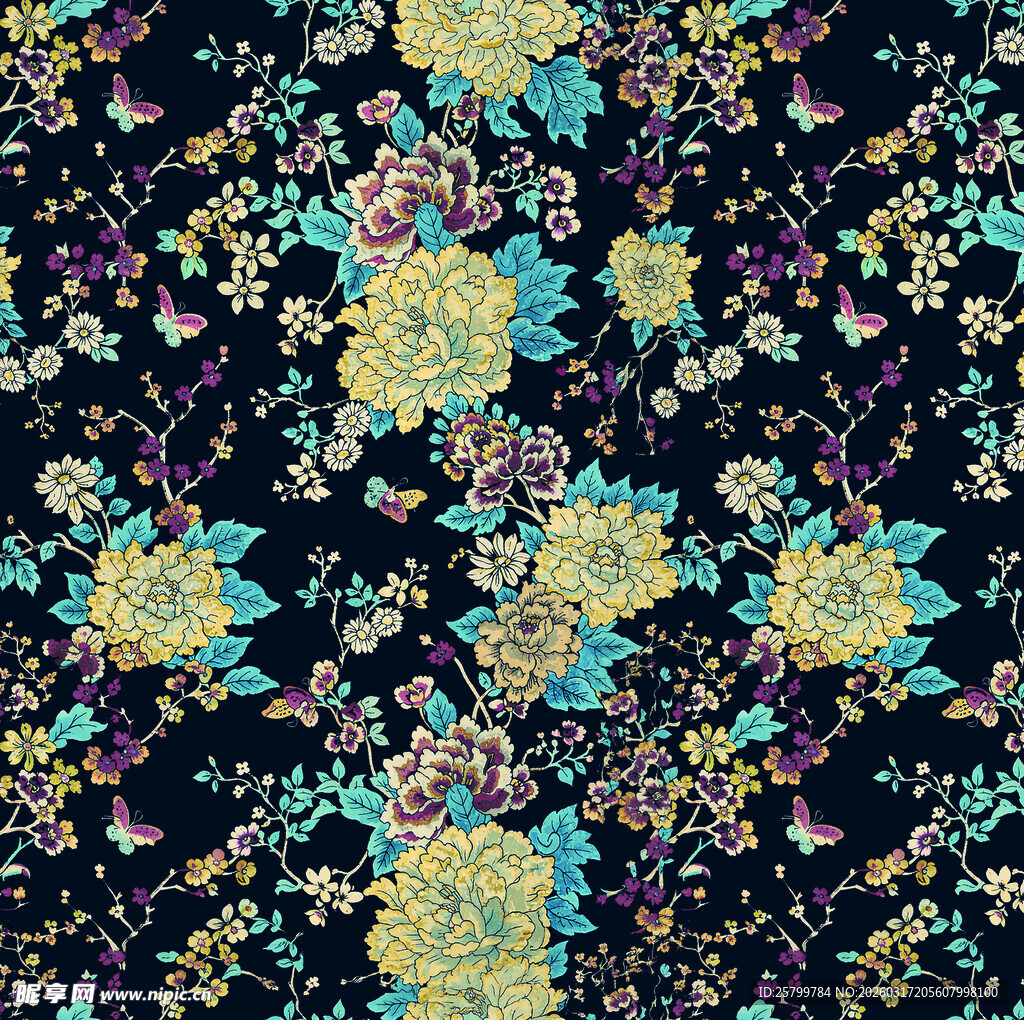 黑色底绚丽花卉图案