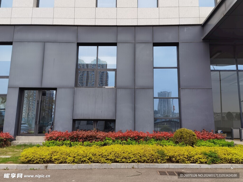 现代建筑前的多彩花坛景观