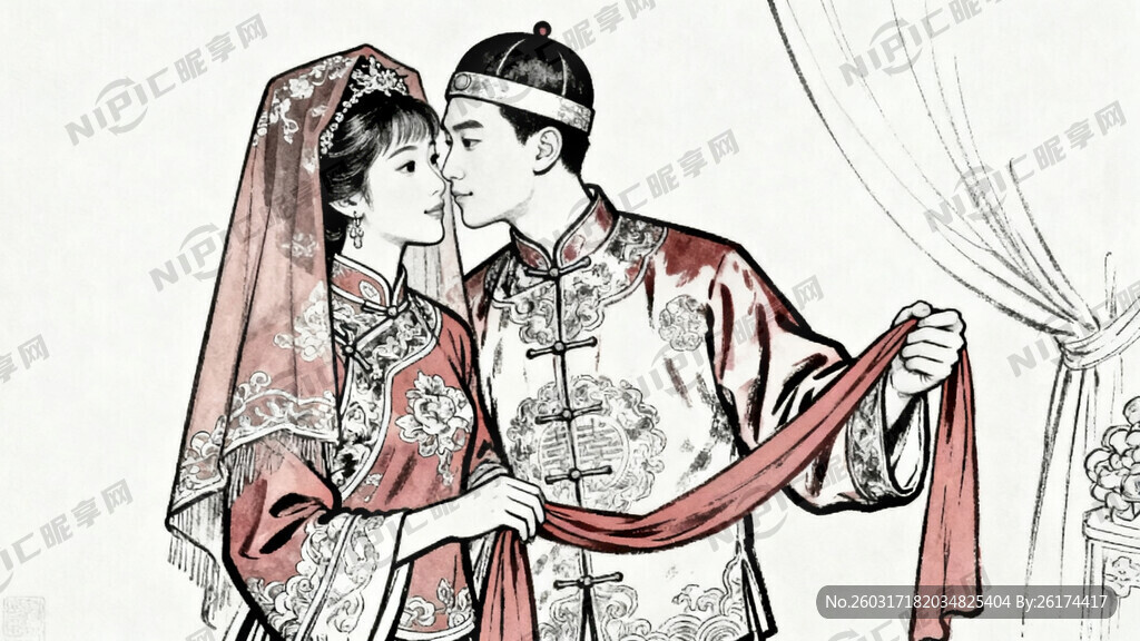 中式婚礼新人线描画