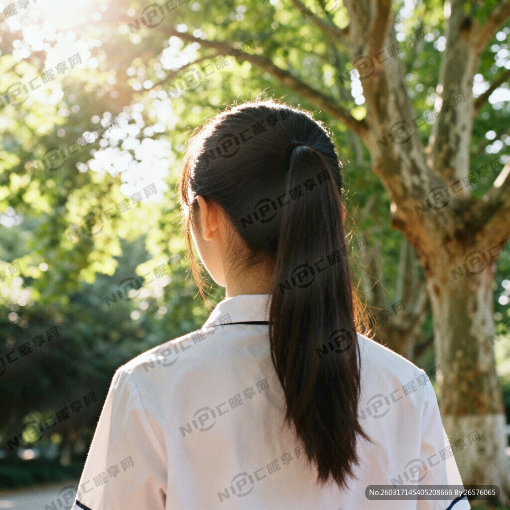 梧桐树下青春少女 背影 高马尾