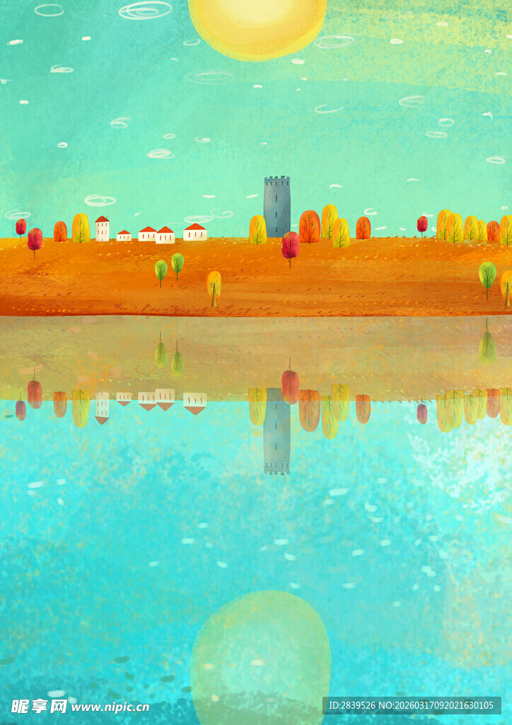 秋天的风景 油画 城堡 树木 