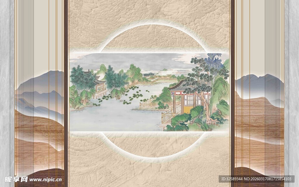 中式山水窗帘图案设计