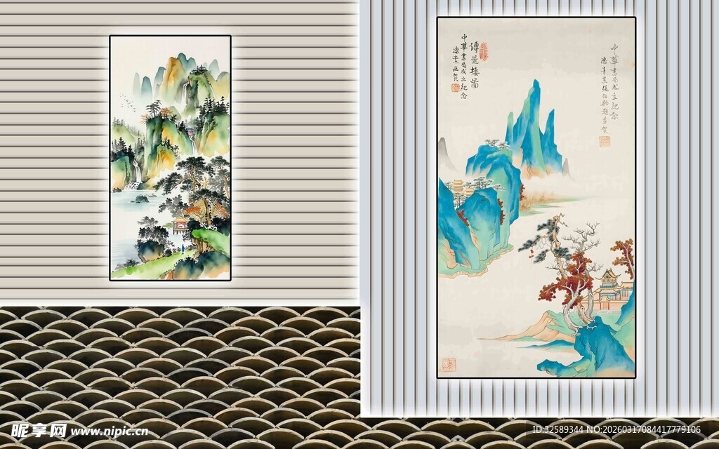 中式山水花鸟装饰画展示