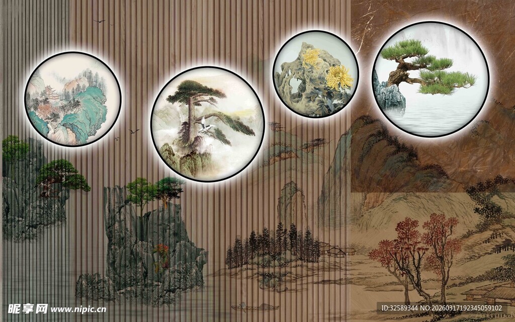 中式圆形花鸟山水装饰画